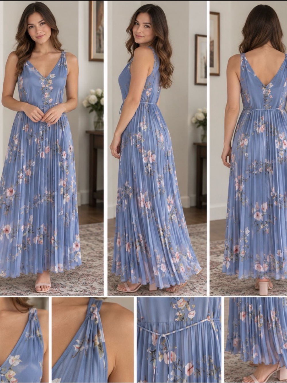 White House Black Market Powder Blue Floral Pleated Tie-Waist Midi Dress